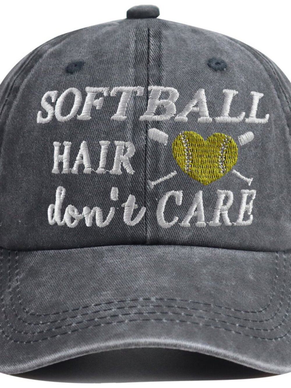 Softball Hair Don't Care Hat, Vintage Washed Cotton Adjustable Embroidered Sport